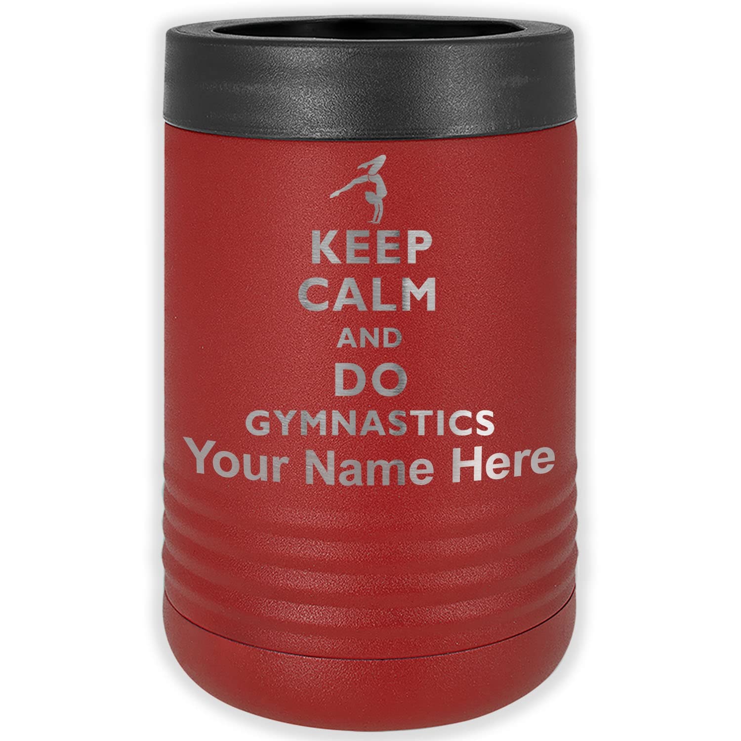 LaserGram Double Wall Insulated Beverage Can Holder, Keep Calm and Do Gymnastics, Personalized Engraving Included (Standard Can, Maroon)