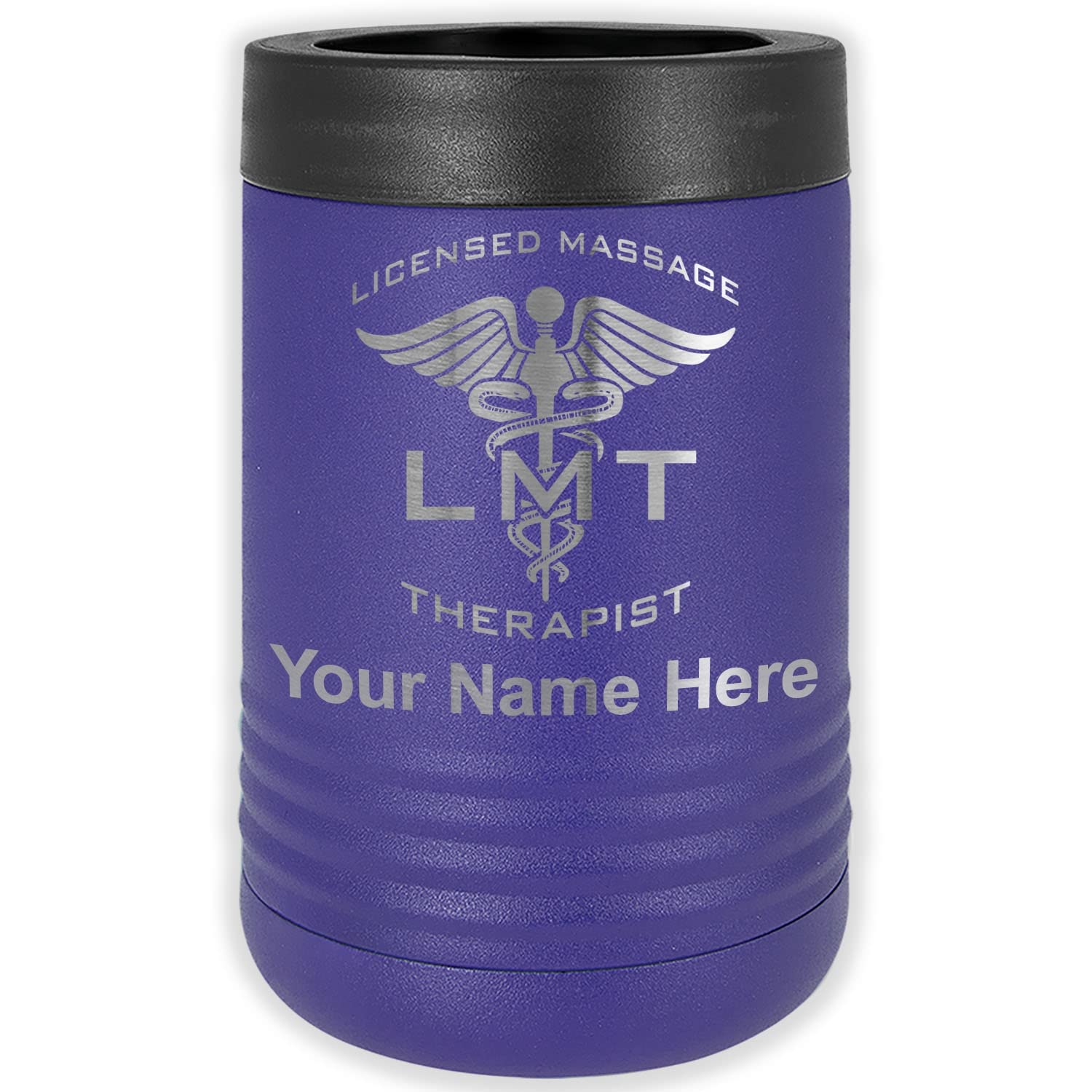 LaserGram Double Wall Insulated Beverage Can Holder, LMT Licensed Massage Therapist, Personalized Engraving Included (Standard Can, Dark Purple)