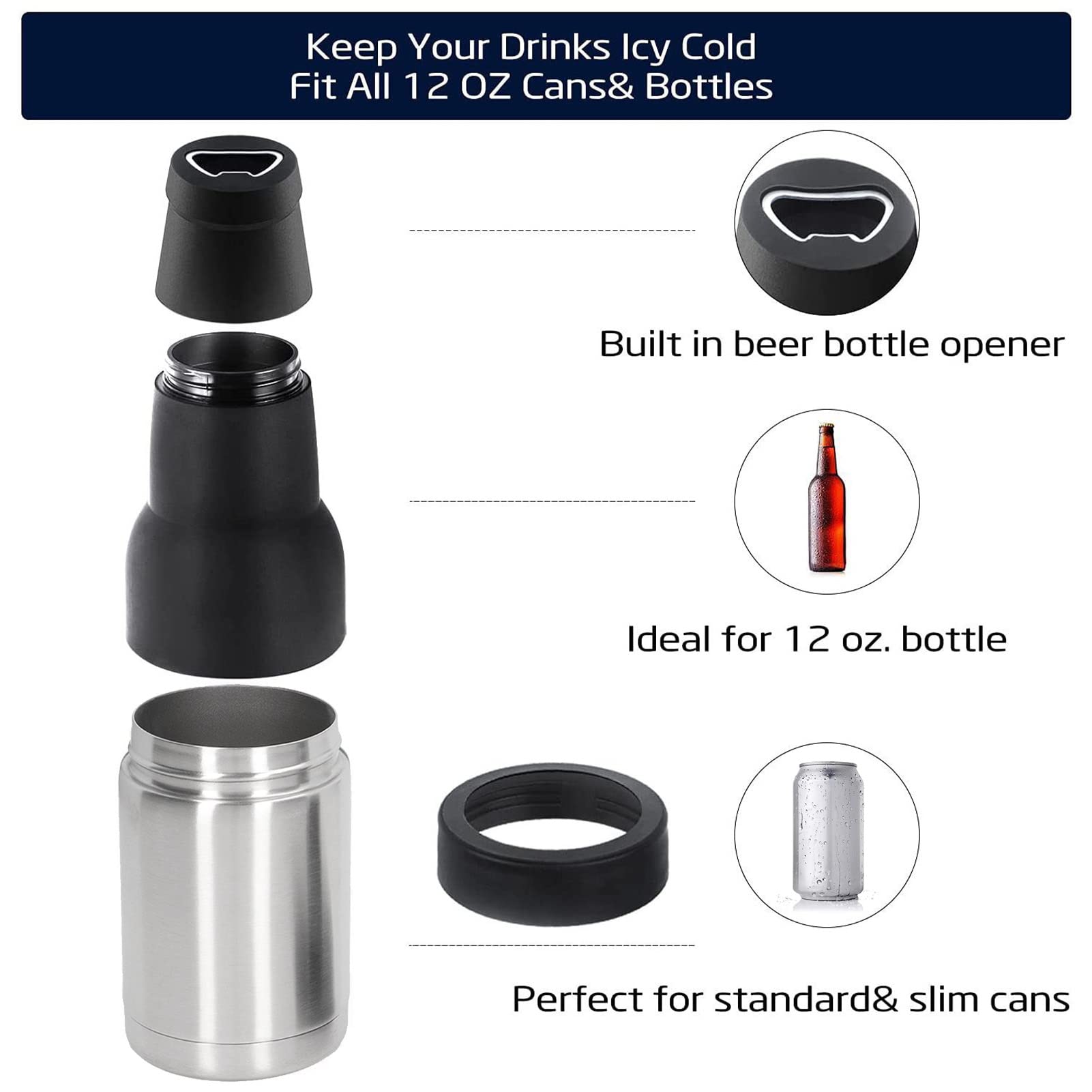 Beer Bottle Insulator, Insulated Can Bottle Cooler with Beer Opener Double Wall Beer Bottle Insulator Can Chiller Accessories for Standard Cans, Beer Bottle(Sliver)