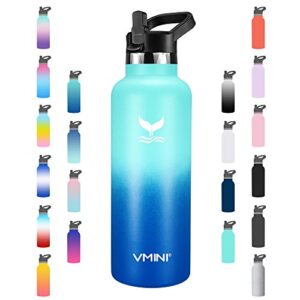 vmini water bottle - standard mouth stainless steel & vacuum insulated bottle, new straw lid with wide handle, gradient mint+blue & 22 oz