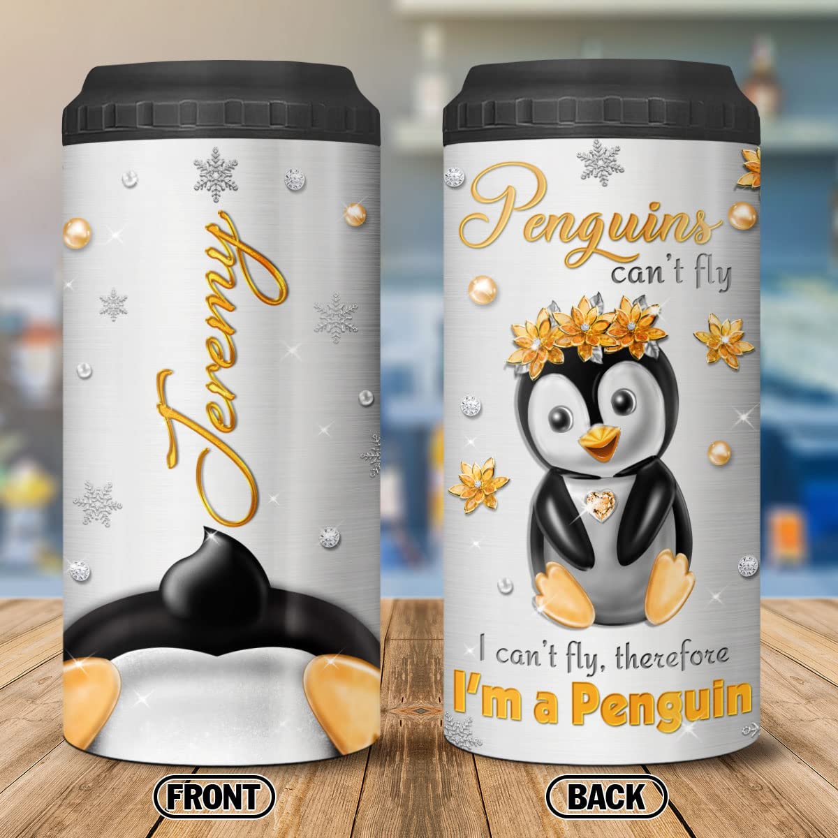 KOIXA Personalized Can Cooler Penguin Tumbler Stainless Steel Insulated Coozie 4-in-1 Beverage Can Holder Travel Cup Cute Animal Flower Christmas Birthday Gifts For Teens Girls