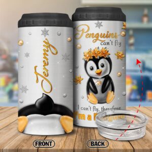 KOIXA Personalized Can Cooler Penguin Tumbler Stainless Steel Insulated Coozie 4-in-1 Beverage Can Holder Travel Cup Cute Animal Flower Christmas Birthday Gifts For Teens Girls