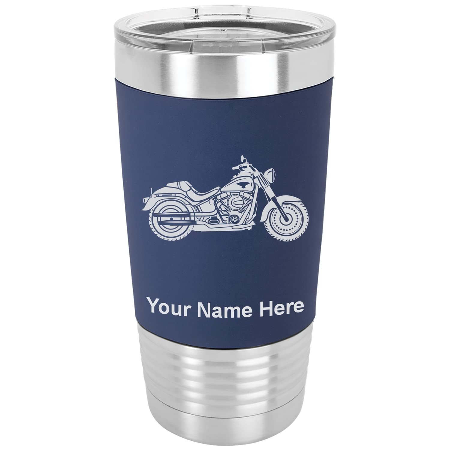 LaserGram 20oz Vacuum Insulated Tumbler Mug, Motorcycle, Personalized Engraving Included (Silicone Grip, Navy Blue)