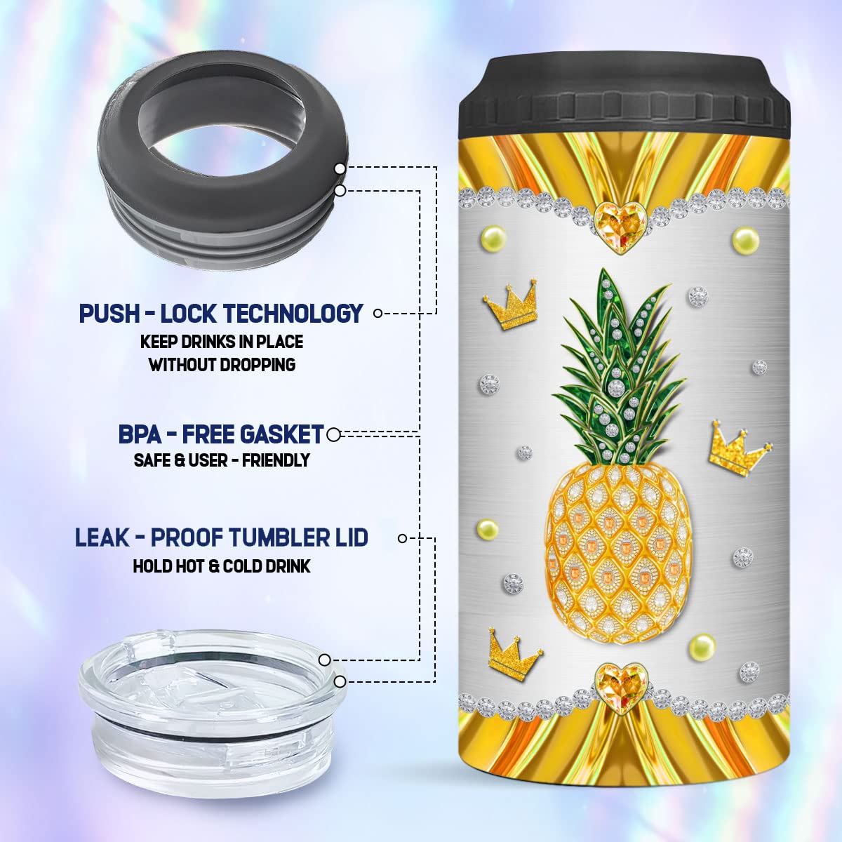 ZOXIX Pineapple Can Cooler With Lid Insulated Stainless Steel Tumbler Can Holder Travel Cup 16 Oz 4-in-1 Funny Things For Teen Girls Birthday Present Personalized Name Gifts Ideas