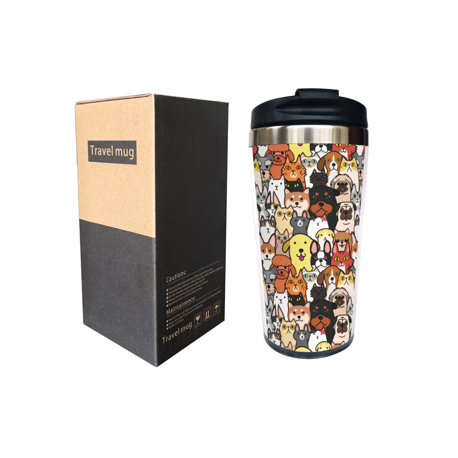 Yipaidel Dogs and Cats Faces Travel Coffee Cup for Women, Stainless Steel Mug for Birthday Mother's Day Gift 14 OZ