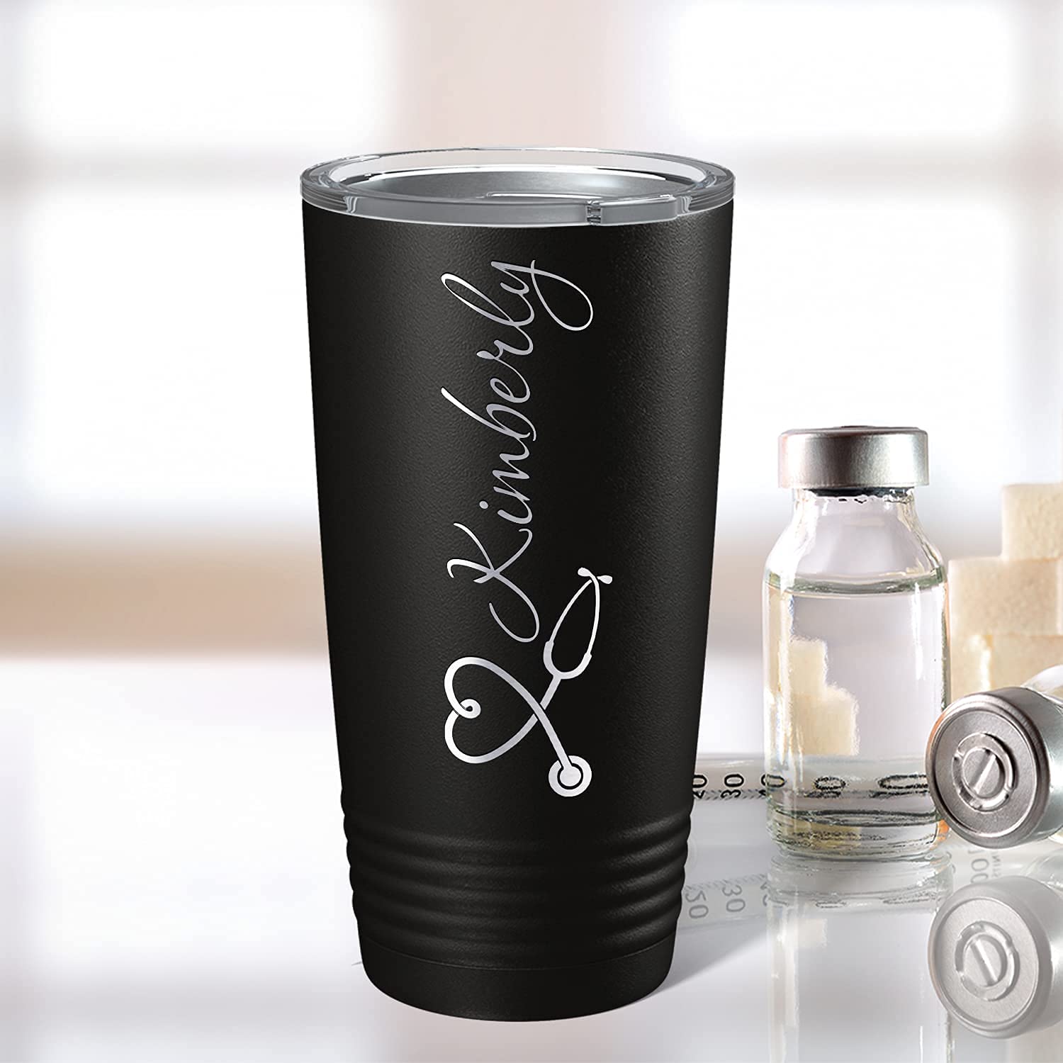 Personalized Heart Stethoscope Nurse, RN, LPN, CNA, CMA, MA Laser Engraved on Black 20 oz Stainless Steel Tumbler with Lid - Insulated Cup - Travel Mug