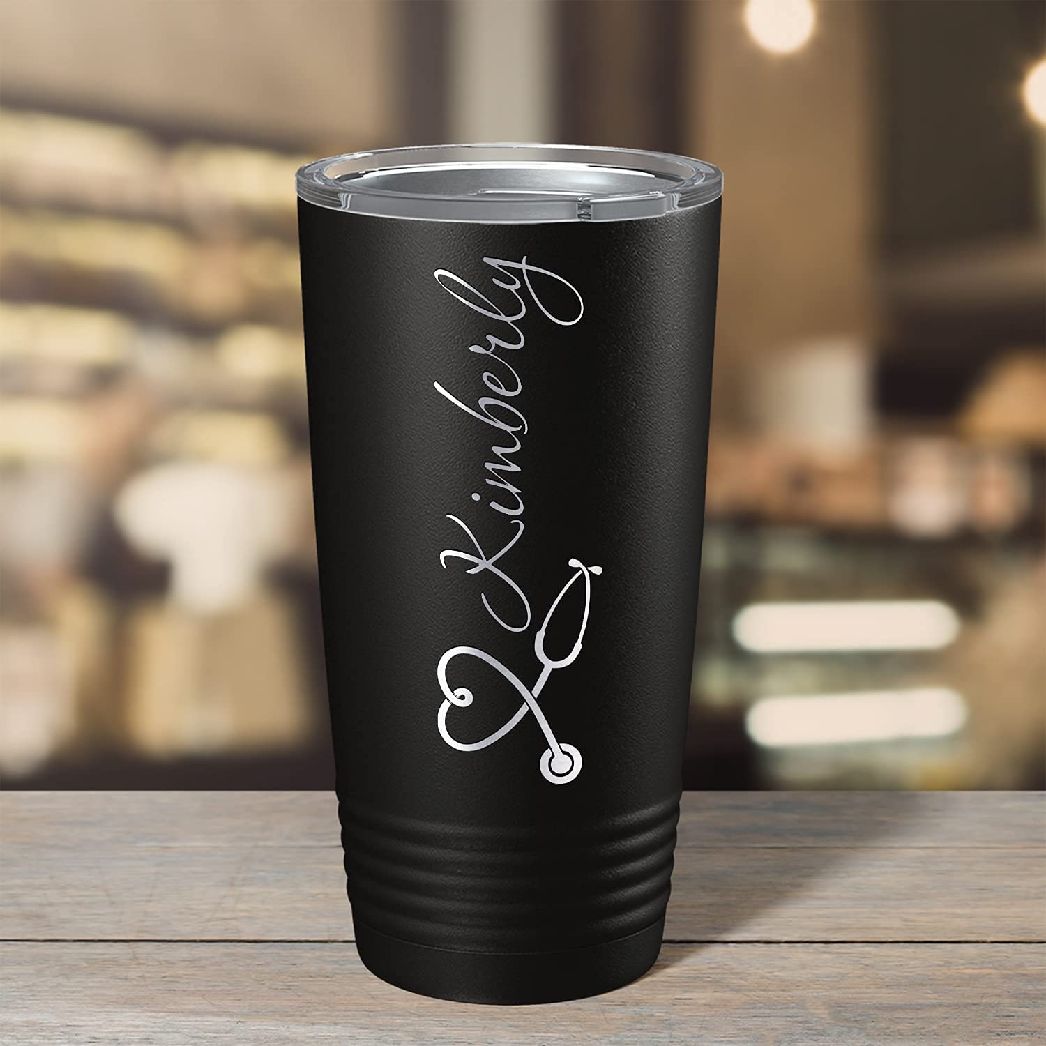 Personalized Heart Stethoscope Nurse, RN, LPN, CNA, CMA, MA Laser Engraved on Black 20 oz Stainless Steel Tumbler with Lid - Insulated Cup - Travel Mug