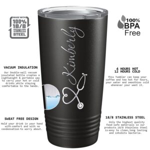 Personalized Heart Stethoscope Nurse, RN, LPN, CNA, CMA, MA Laser Engraved on Black 20 oz Stainless Steel Tumbler with Lid - Insulated Cup - Travel Mug