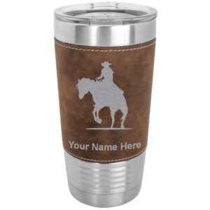 lasergram 20oz vacuum insulated tumbler mug, cowgirl riding horse, personalized engraving included (faux leather, rustic)