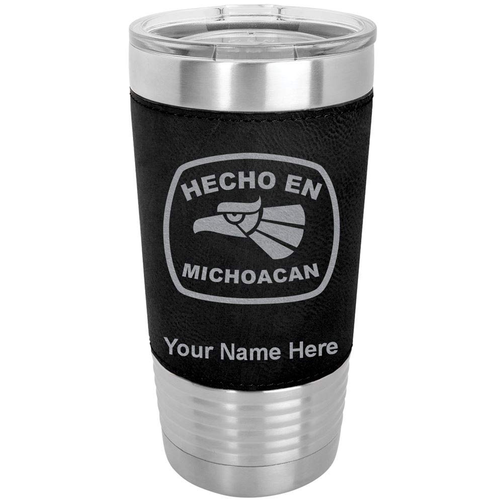 LaserGram 20oz Vacuum Insulated Tumbler Mug, Hecho en Michoacan, Personalized Engraving Included (Faux Leather, Black)