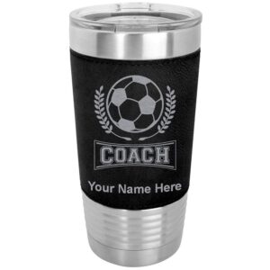 lasergram 20oz vacuum insulated tumbler mug, soccer coach, personalized engraving included (faux leather, black)