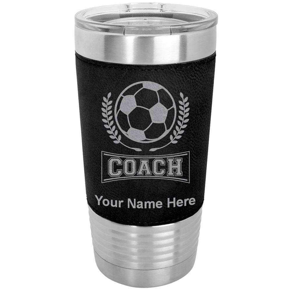 LaserGram 20oz Vacuum Insulated Tumbler Mug, Soccer Coach, Personalized Engraving Included (Faux Leather, Black)