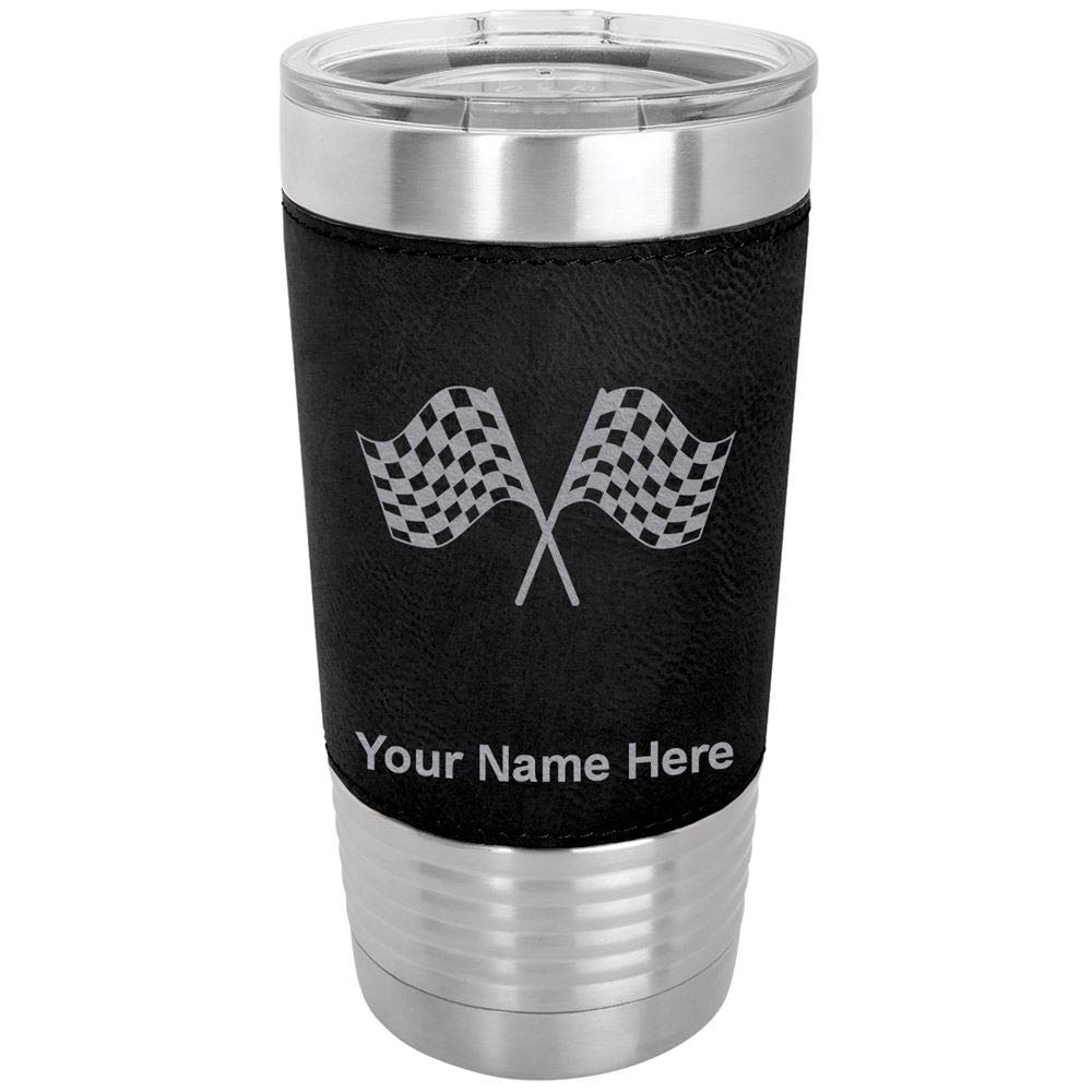 LaserGram 20oz Vacuum Insulated Tumbler Mug, Racing Flags, Personalized Engraving Included (Faux Leather, Black)