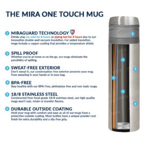 MIRA 16 oz Lightweight Insulated Travel Mug for Coffee, Tea - Stainless Steel One Touch Lid Tumbler - Keeps Hot or Cold - Black
