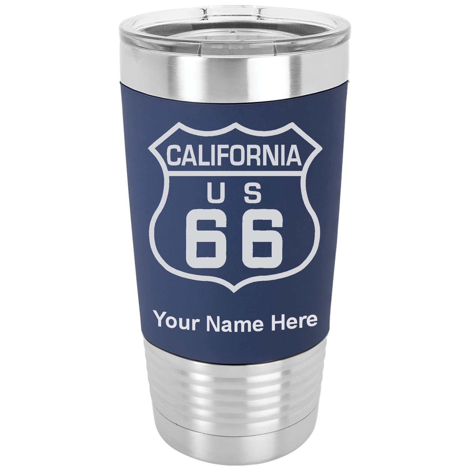 LaserGram 20oz Vacuum Insulated Tumbler Mug, Route 66 California, Personalized Engraving Included (Silicone Grip, Navy Blue)