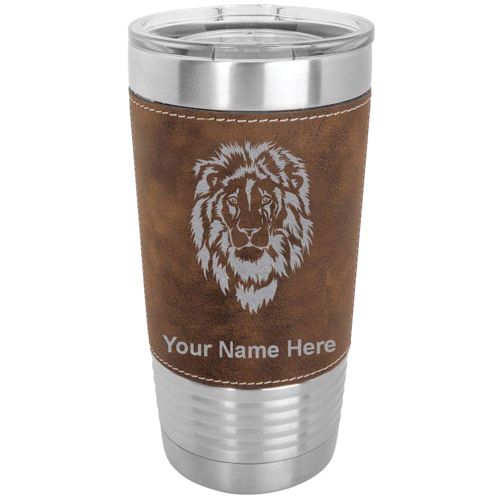 LaserGram 20oz Vacuum Insulated Tumbler Mug, Lion Head, Personalized Engraving Included (Faux Leather, Rustic)