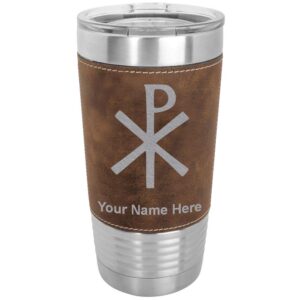 lasergram 20oz vacuum insulated tumbler mug, chi rho, personalized engraving included (faux leather, rustic)