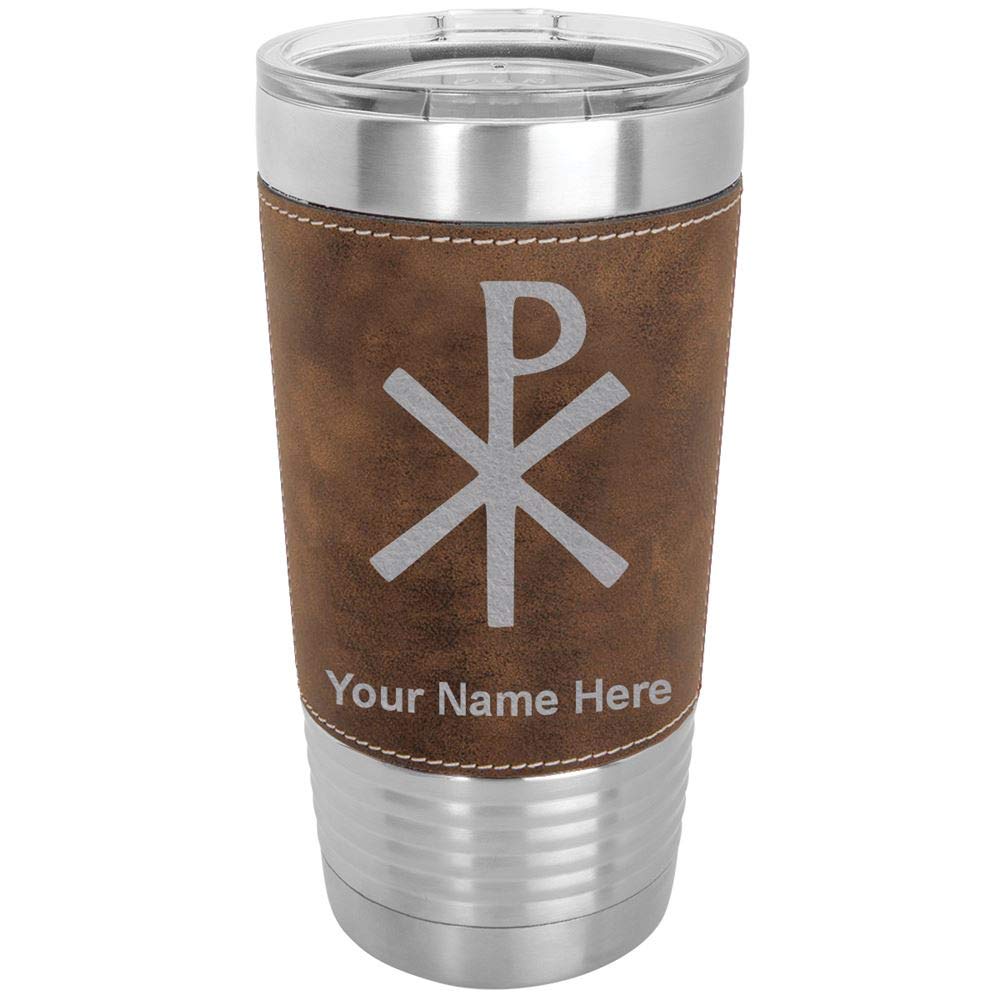 LaserGram 20oz Vacuum Insulated Tumbler Mug, Chi Rho, Personalized Engraving Included (Faux Leather, Rustic)