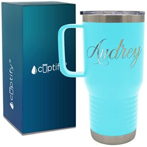 personalized travel mug with handle and name lite blue matte finish custom laser engraved 20 oz stainless steel vacuum insulated coffee cup with lid