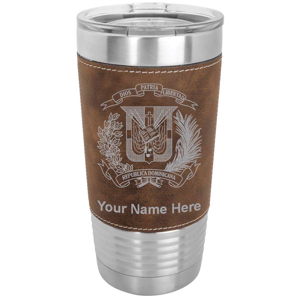 LaserGram 20oz Vacuum Insulated Tumbler Mug, Coat of Arms Dominican Republic, Personalized Engraving Included (Faux Leather, Rustic)