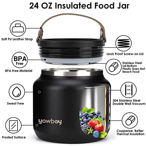 Insulated Food Jar,24 OZ Leakproof Insulated Food Soup Container,Stainless Steel Vacuum Thermal Insulated School Hot Lunch Containers for Kids Adults Wide Mouth Food Jar for Hot Cold Food(Black)