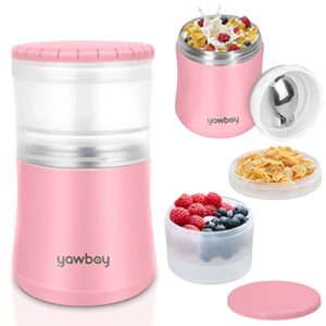 yawbay yogurt container, insulated food container, 2 in 1 cereal cup on the go,stainless steel insulated food jar with spoon, 28oz thermal lunch pot for soup yogurt salad breakfast milk fruit (pink)