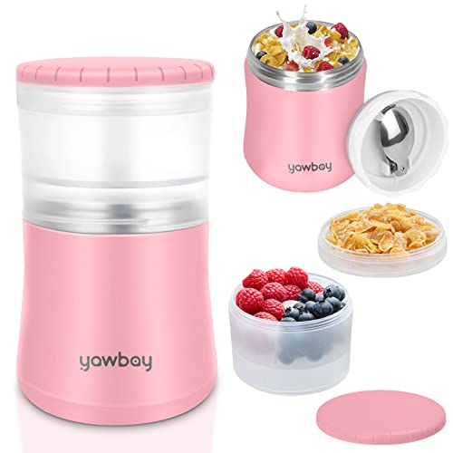 Yawbay Yogurt Container, Insulated Food Container, 2 In 1 Cereal Cup On The Go,Stainless Steel Insulated Food Jar With Spoon, 28oz Thermal Lunch Pot For Soup Yogurt Salad Breakfast Milk Fruit (pink)