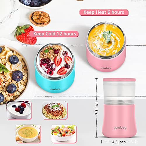 Yawbay Yogurt Container, Insulated Food Container, 2 In 1 Cereal Cup On The Go,Stainless Steel Insulated Food Jar With Spoon, 28oz Thermal Lunch Pot For Soup Yogurt Salad Breakfast Milk Fruit (pink)