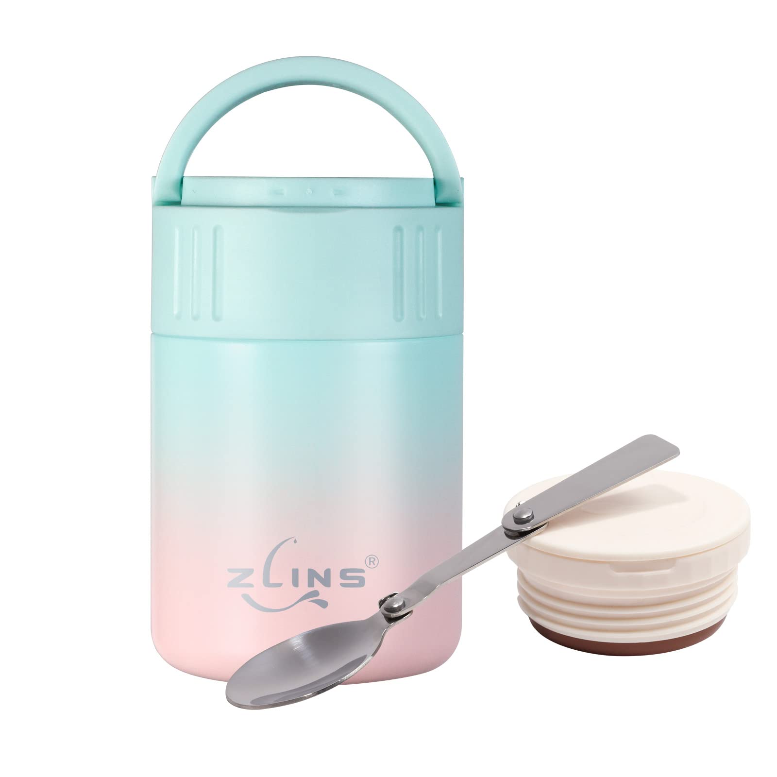 ZLINS Insulated Food Jar 13 oz, Foldable Spoon, Reusable Stainless Steel Lunch Thermos Container, Leak Proof Vacuum Lunch Storage for Soup Hot Cold, Smoothie Bowl with Handle Lid (Blush/Blue Ombre)