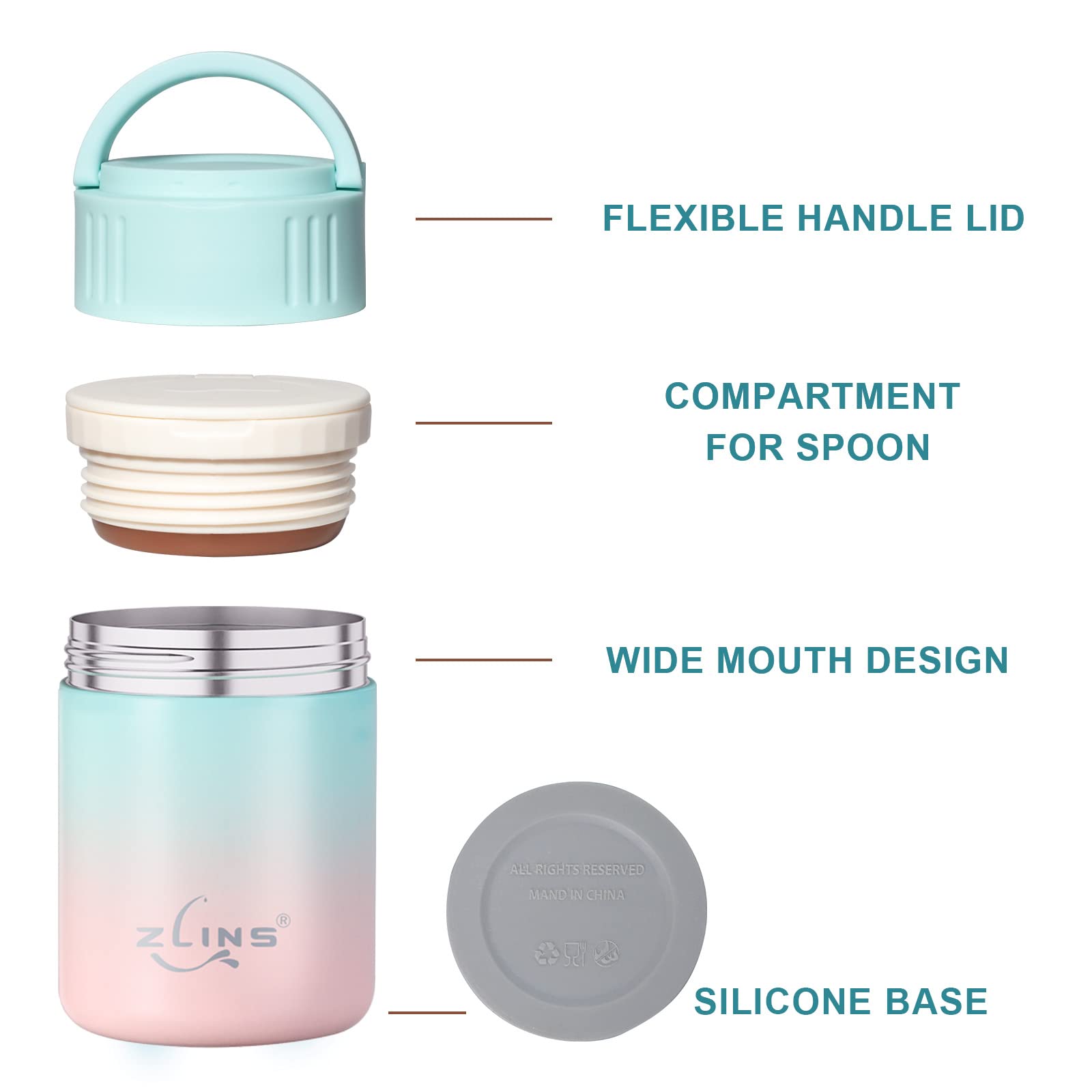 ZLINS Insulated Food Jar 13 oz, Foldable Spoon, Reusable Stainless Steel Lunch Thermos Container, Leak Proof Vacuum Lunch Storage for Soup Hot Cold, Smoothie Bowl with Handle Lid (Blush/Blue Ombre)