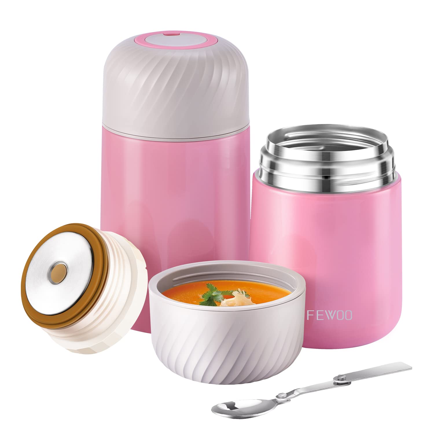 FEWOO Food Jar - 2 Pack 27oz + 20 oz Vacuum Insulated Stainless Steel Lunch Thermos, Leak Proof Soup Containers with Folding Spoon for Hot or Cold Food (Yellow)