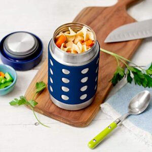 LunchBots Thermal 16 oz Triple Insulated Thermos - Hot 6 Hours or Cold 12 Hours - Leak Proof Thermos Soup Jar - All Stainless Interior - Navy Lid - Navy Dots