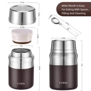 FEWOO Thermos for Hot Food, Vacuum Insulated Soup Containers, 24oz Stainless Steel Lunch Box for Kids Adults, Thermal Food Jar for School Office Travel (Brown)