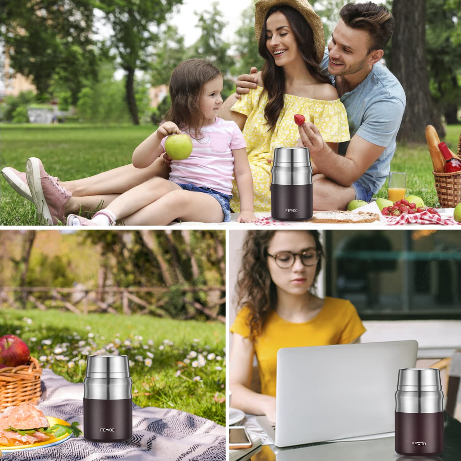 FEWOO Thermos for Hot Food, Vacuum Insulated Soup Containers, 24oz Stainless Steel Lunch Box for Kids Adults, Thermal Food Jar for School Office Travel (Brown)