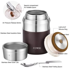 FEWOO Thermos for Hot Food, Vacuum Insulated Soup Containers, 24oz Stainless Steel Lunch Box for Kids Adults, Thermal Food Jar for School Office Travel (Brown)