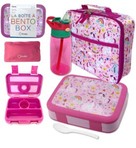kinsho bento lunch box with insulated bag and water bottle set for kids toddlers, 4 portion sections, removable tray, pre-school girl toddler daycare lunches, snack container, pink unicorn