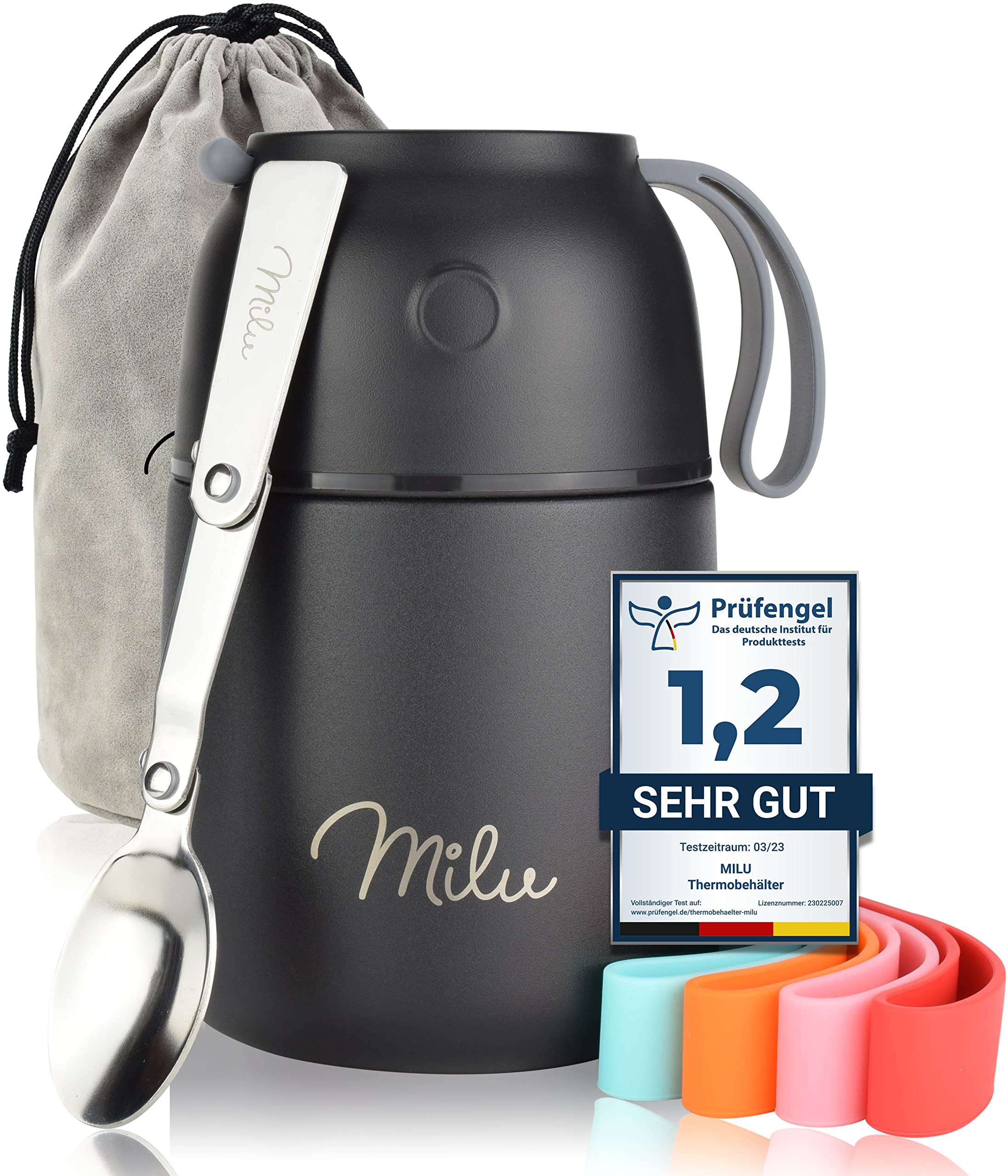 Milu Soup Thermos for hot food | 15oz Insulated Food Container for Kids Adults | Stainless Steel Food Jar with Spoon | 12 Hours Hot : 24 Hours Cold - Black 15 oz