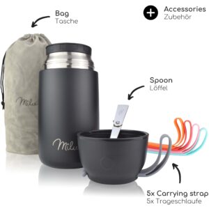 Milu Soup Thermos for hot food | 15oz Insulated Food Container for Kids Adults | Stainless Steel Food Jar with Spoon | 12 Hours Hot : 24 Hours Cold - Black 15 oz