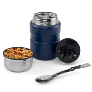 double wall stainless steel wide mouth 16.9 ounce (500ml) insulated food thermos for hot food - leak proof vacuum insulated food jar with folding spoon for school, office, and travel etc. – navy blue
