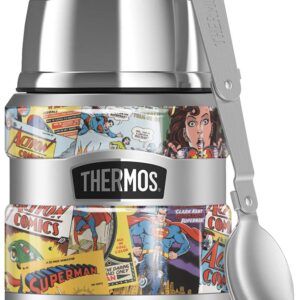 THERMOS Superman Comic Covers, STAINLESS KING Stainless Steel Food Jar with Folding Spoon, Vacuum insulated & Double Wall, 16oz