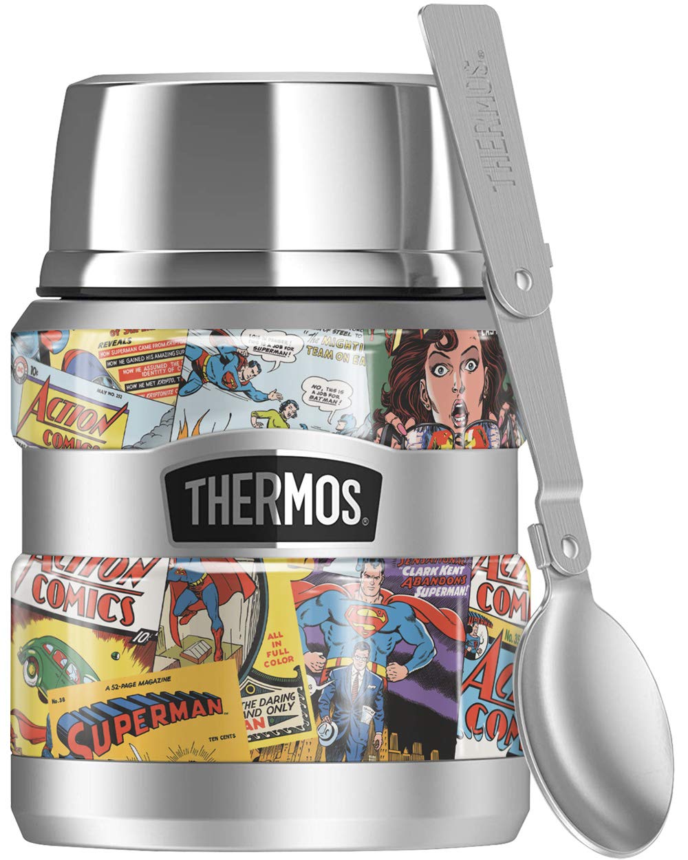 THERMOS Superman Comic Covers, STAINLESS KING Stainless Steel Food Jar with Folding Spoon, Vacuum insulated & Double Wall, 16oz