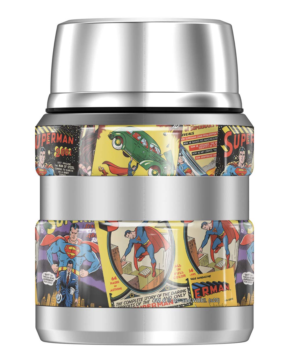 THERMOS Superman Comic Covers, STAINLESS KING Stainless Steel Food Jar with Folding Spoon, Vacuum insulated & Double Wall, 16oz