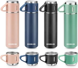 souss-kb stainless steel double wall vacuum insulated coffee thermos- keeps drinks hot & cold for hours, 2 in 1 bottle (500ml/17oz) with cups to drinks (black)
