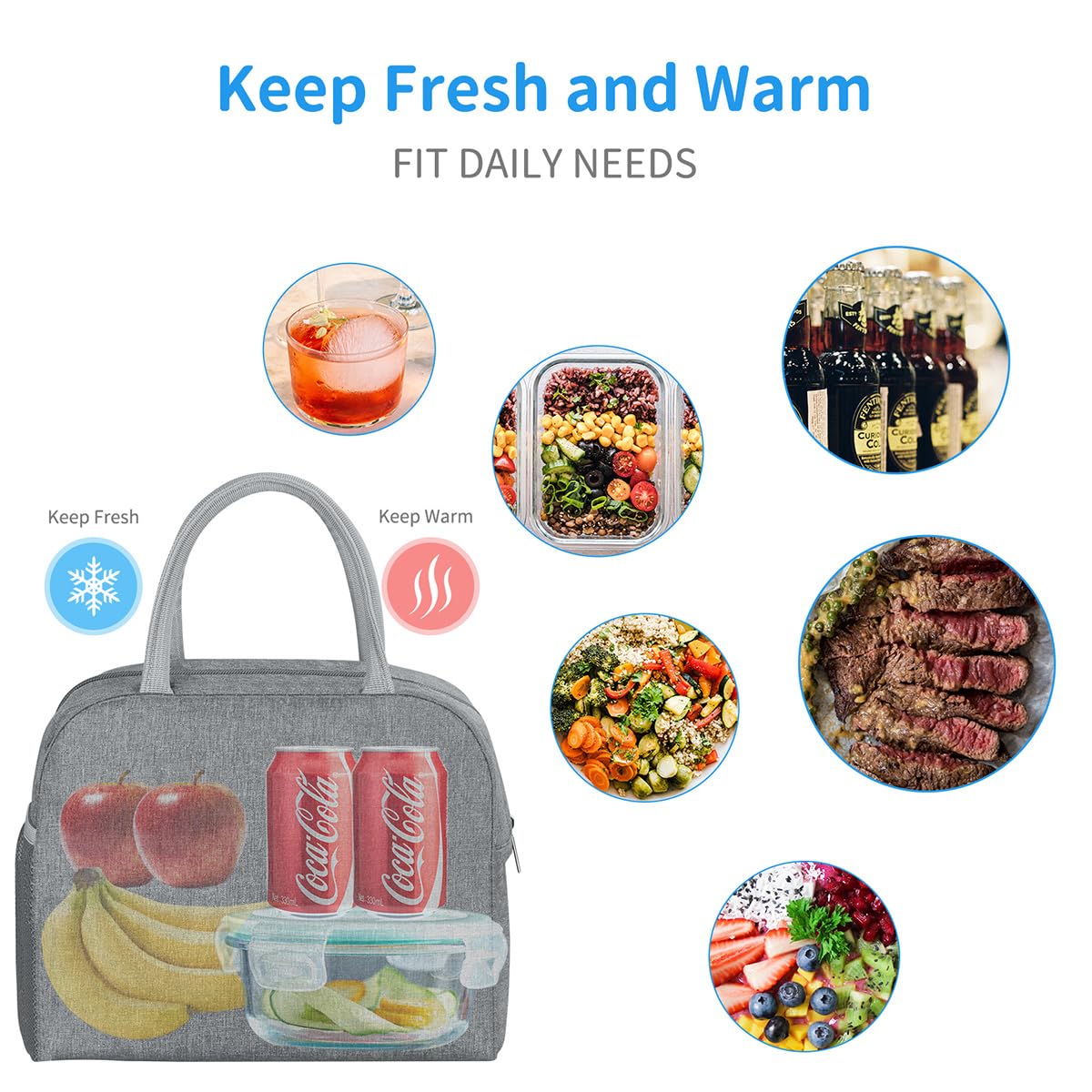 DALINDA Lunch Bag Lunch Box for Women Men Reusable Insulated Lunch Tote Bag,Leakproof Thermal Cooler Sack Food Handbags Case High Capacity forTravel Work School Picnic- Grey