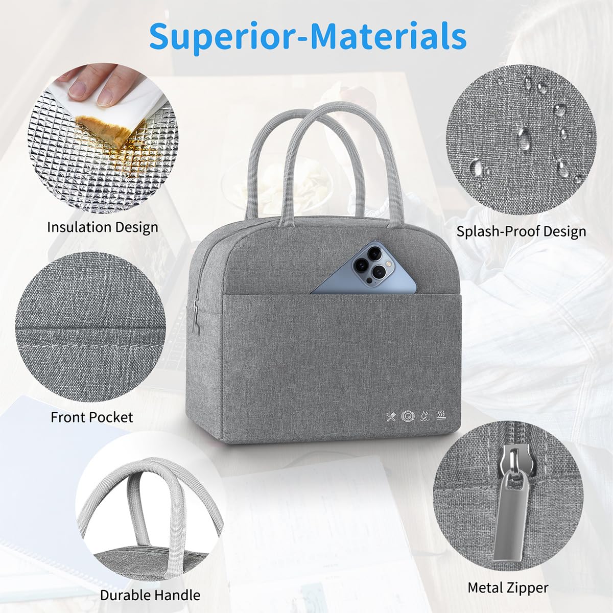 DALINDA Lunch Bag Lunch Box for Women Men Reusable Insulated Lunch Tote Bag,Leakproof Thermal Cooler Sack Food Handbags Case High Capacity forTravel Work School Picnic- Grey