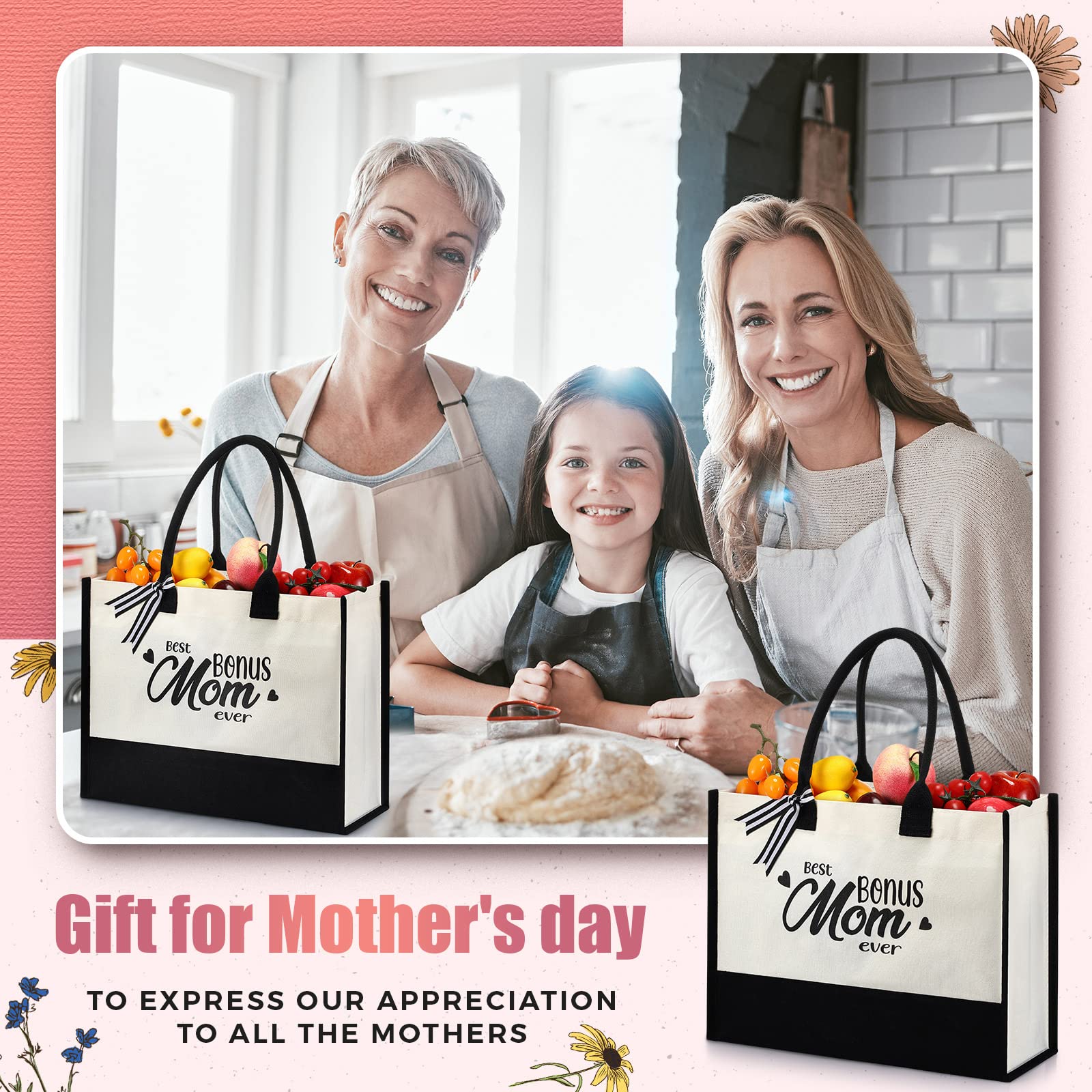 Best Bonus Mom Ever Appreciation Gifts Canvas Tote Bag Women Mother's Day Gift for Stepmom with Zipper Kitchen Reusable Grocery Bags Birthday Thank You Gift from Daughter Son Black and White