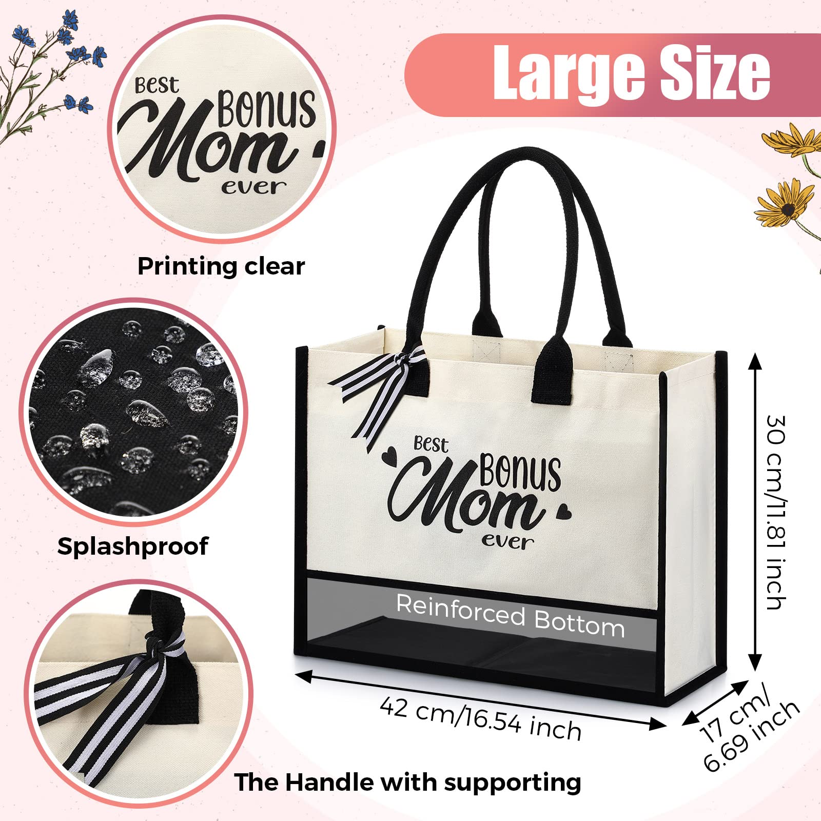 Best Bonus Mom Ever Appreciation Gifts Canvas Tote Bag Women Mother's Day Gift for Stepmom with Zipper Kitchen Reusable Grocery Bags Birthday Thank You Gift from Daughter Son Black and White