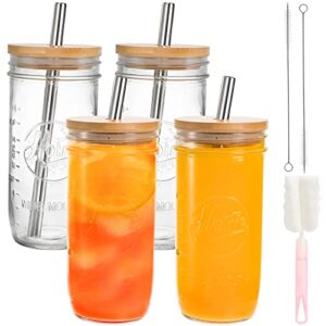 peohud 4 pack mason jars cups with lids and straws, 22 oz reusable smoothie bubble tea cups, wide mouth mason jar drinking glasses tumbler with bamboo lids for juice coffee cocktail milkshake
