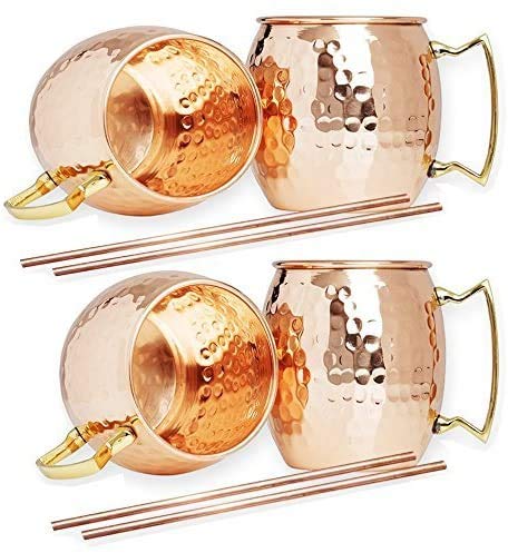 Hammered Moscow Mules Mug 560 ML/18 oz - Set of 4, Copper Plated (Free 4 pcs Wooden Coaster + 4 PCS copper straw )