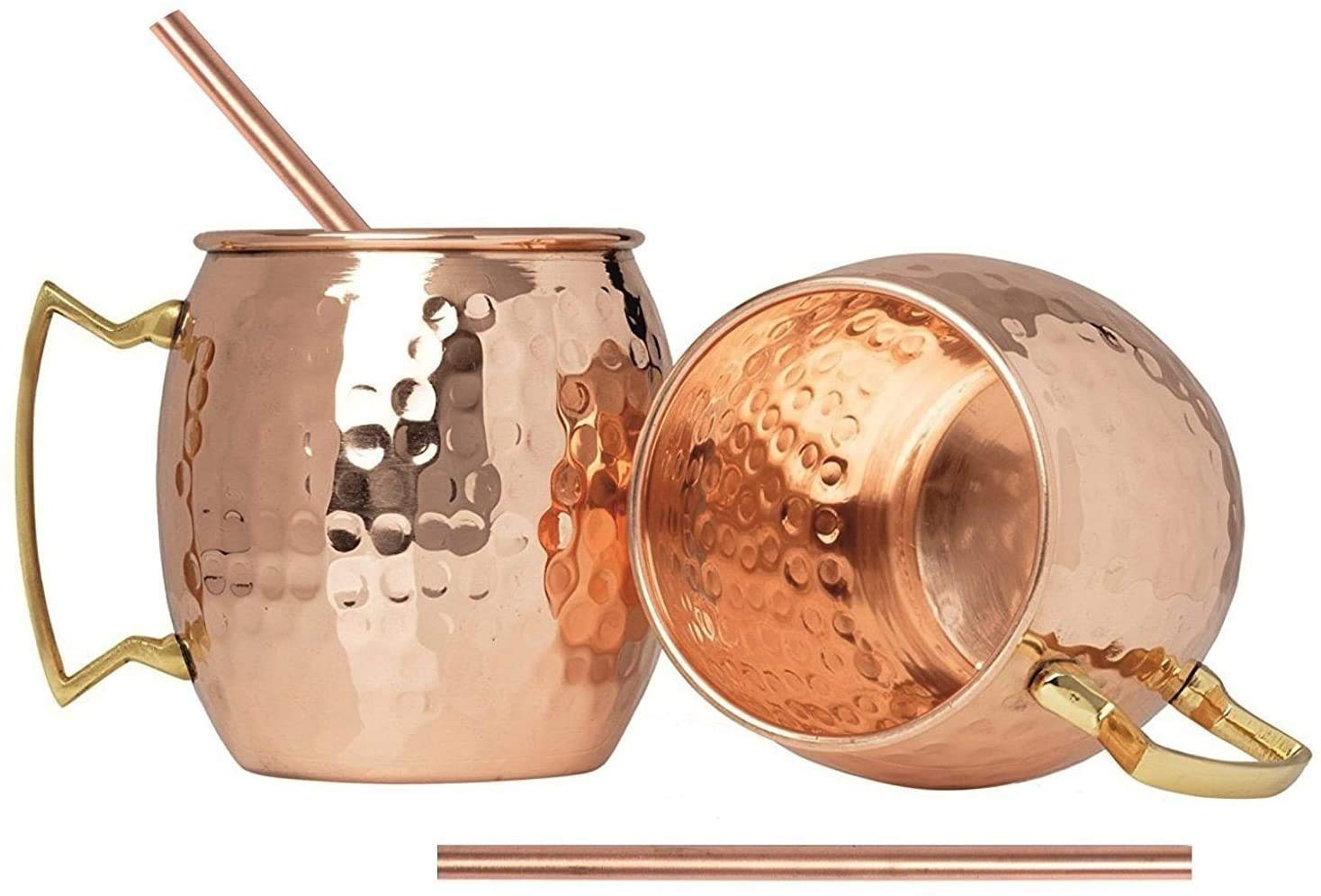 Hammered Moscow Mules Mug 560 ML/18 oz - Set of 4, Copper Plated (Free 4 pcs Wooden Coaster + 4 PCS copper straw )